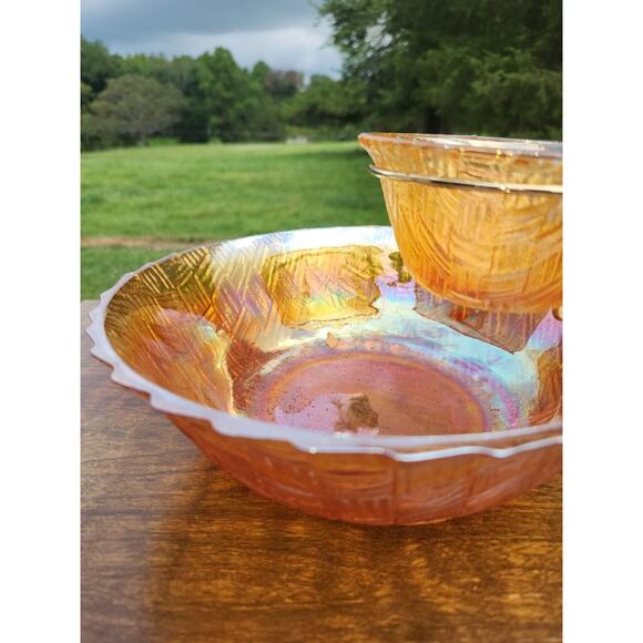 Indiana Glass Co Iridescent chip and dip bowl Golden tone 3 piece set NIB #2872 - Picture 4 of 5